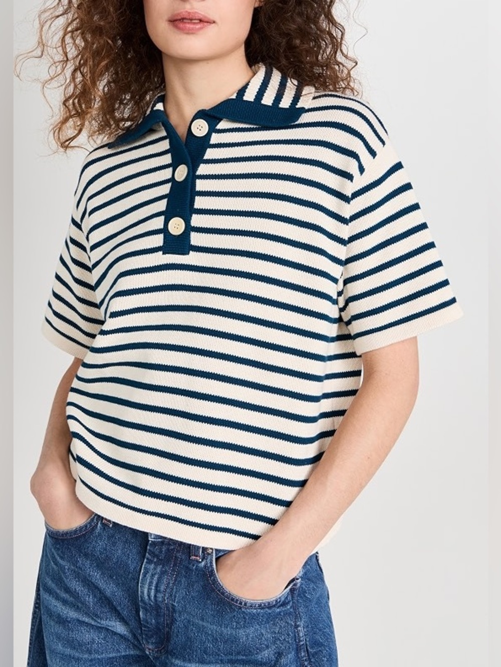 Demylee Lou Striped Sweater Polo Top Large Cotton Knit Nautical Coastal Minimal